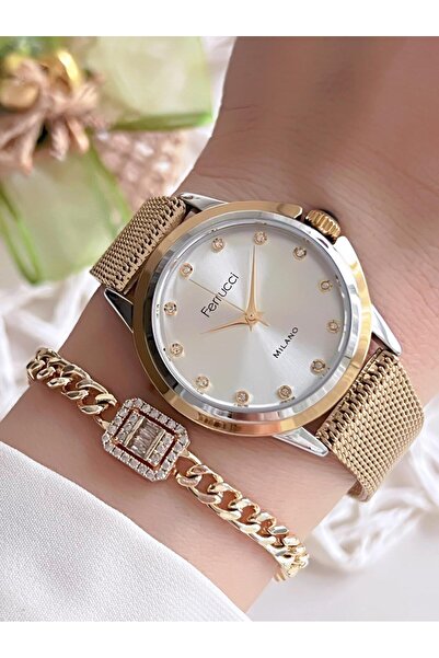 Ferrucci Kadın Kol Saati+Bileklik Özel Seri Çelik Kordon Kararma Renk Atma Yapmaz VS.BLKT.0069