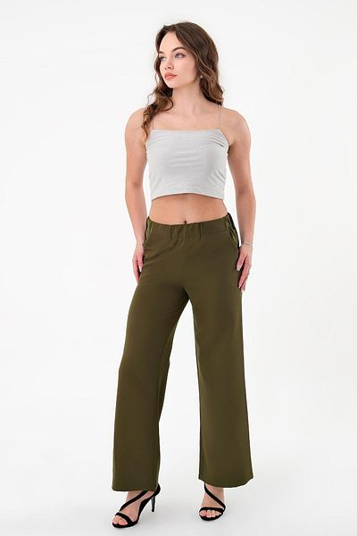 Hazel Women's Khaki Elastic Waist Palazzo Trousers