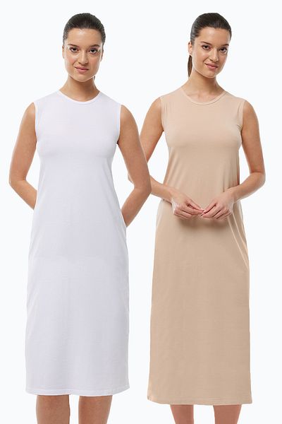 Malabadi Set de 2 alb și nud - rochie lungă fără mâneci și jupon modal 2M1049