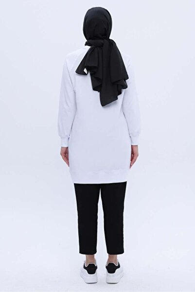 ALLDAY Beyaz-Pamuklu Reglan Kol Zincir Nakışlı Sweat Tunik