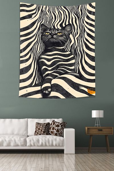 on the clouds Retro Geometric Striped Cat Stain Resistant Tapestry - Wall Tapestry