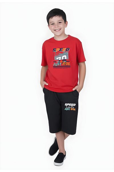 YA KO KİDS Speed Printed Boy's Double Pocket Capri Bottom-Top Suit