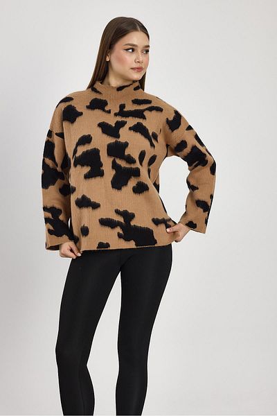 Rays 24371 - Pulover negru cu guler ridicat, biscuit, leopard
