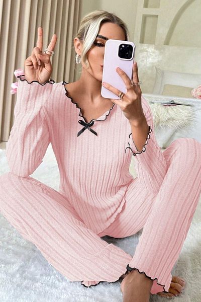 BELLA NOTTE Pink Cotton Bow Detailed Pajamas Set