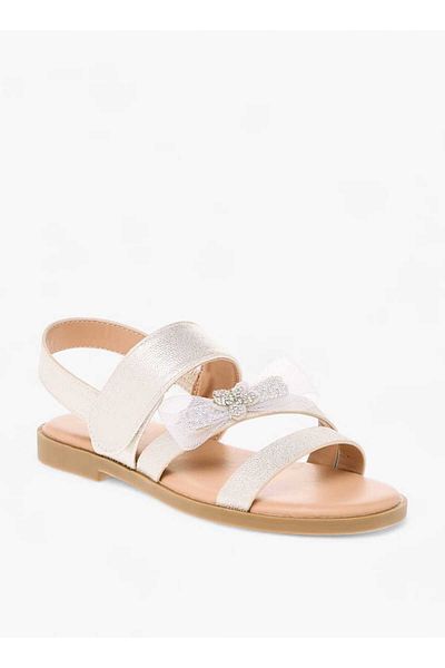 Little Missy Bow Embellished Flat Sandals with Hook and Loop Closure