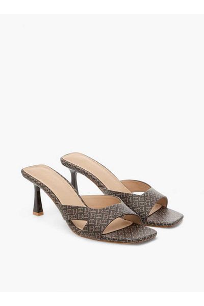 Flora Bella by Shoexpress Flora Bella Monogram Print Slip-On Sandals with Flared Heels