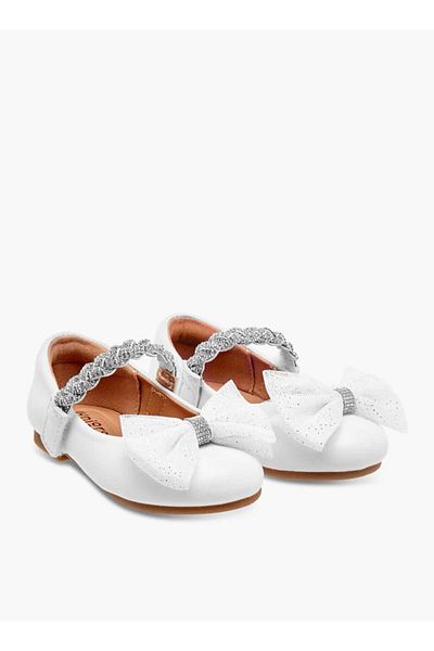 Juniors Embellished Bow Detail Ballerina Shoes with Hook and Loop Closure