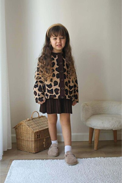 MİNİKO KİDS Girl's Leopard Cardigan Skirt 2-Piece Suit