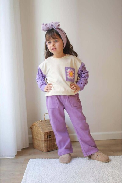 MİNİKO KİDS Дівчачий комплект з трикотажної блузки та габардинових штанів з в...