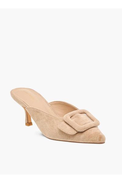 Flora Bella by Shoexpress Flora Bella Textured Pointed Toe Sandals with Buckle Detail and Kitten Heels