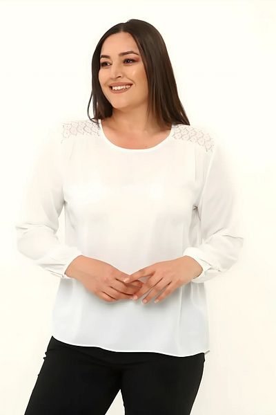 Hanezza Bluză cu mânecă lungă, cu mânecă lungă, cu dantelă, cu umeri, mărime mare, pentru femei