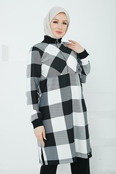 Armine TREND ARMİNE TREND Yarım Fermuarlı Kolları Ribanalı Tunik Siyah Beyaz 24KT416