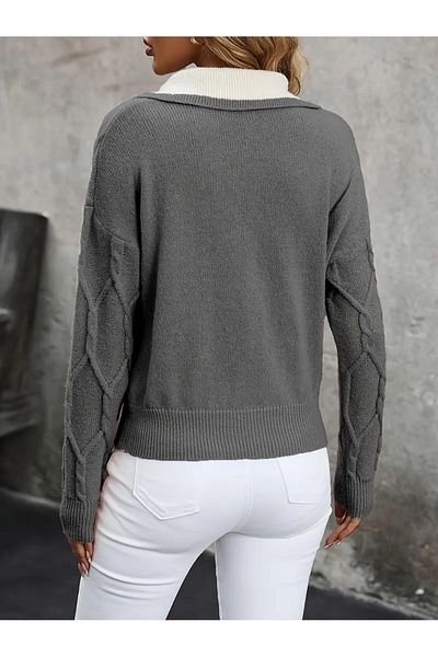 citystyle Pulover de damă din tricot cu guler polo, cu model, antracit