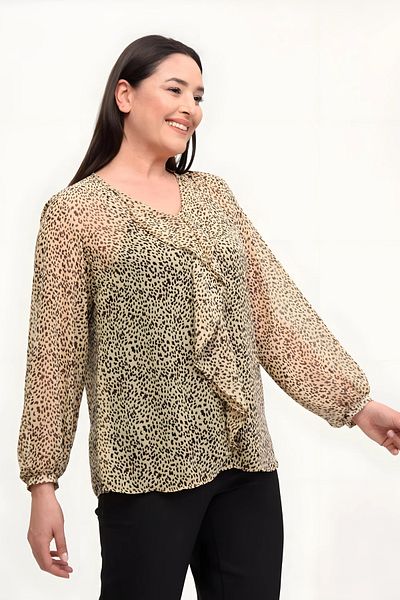 Hanezza Bluză din șifon mătăsos pentru femei, cu volane în față, cu detaliu leopard 42-54 (Livrată cu bluză cu bretele interioare)