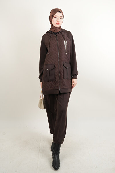 03KIZKULESITEKS Taş Broşlu 2 li Kapitone Detaylı Takım Koyu kahverengi