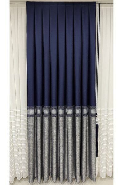 Fon Dünyası Navy Blue Gray Single Wing Striped Panel Background Curtain