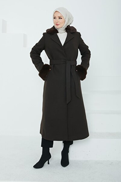 Armine TREND Kolları ve Yakası Seyyar Kürklü Kap-Kahverengi 24KT816