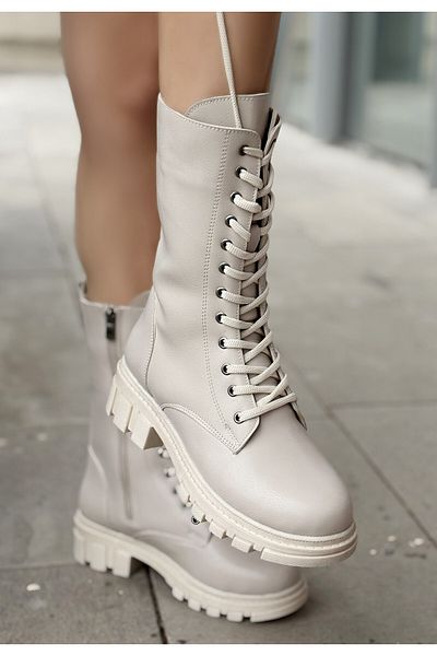 BESKAR Μπότες Nabah Beige Skin Lace Up