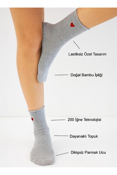 bamboo star Heart Patterned Bamboo Women's 3-Piece Gray Socks - Elasticated and Seamless