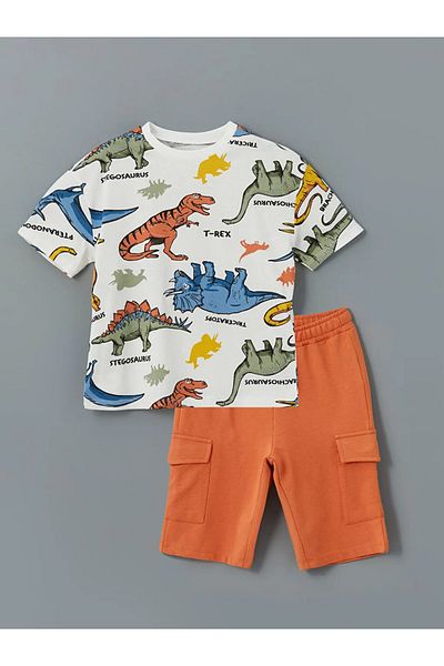 LC Waikiki Lcw Kids Ecru Crew Neck Printed Boys T-Shirts and Shorts 2-Piece