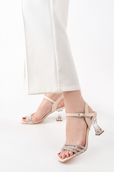 leopar by çetinay Şık Bej Şeffaf Topuklu Taşlı Kadın Ayakkabı