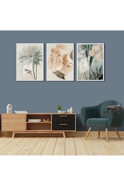 bestablo Set de pictură din lemn cu flori boho, 3 piese