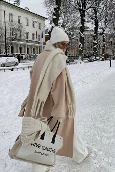 MutluBiDünya İthal Puffy Krem Renk Yumuşak Dokulu Desenli Atkı Şal Omuz Şalı