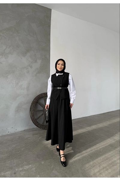 Miraydın Butik Hijab Belted Vest and Skirt Set - Black