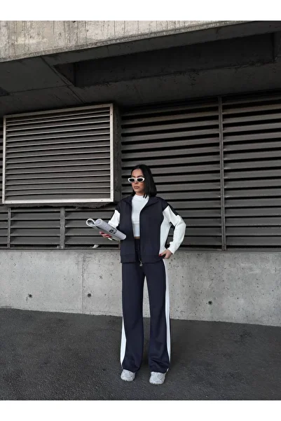 02Lady Fashion Wide Leg Modal Fabric Tracksuit Set with Overized Garnish Zipper