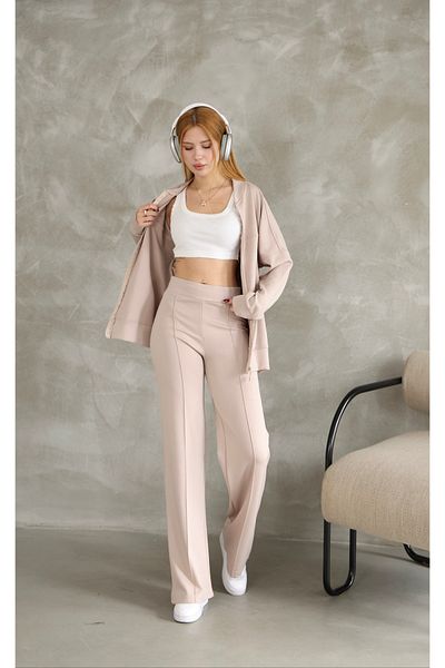 02Lady Fashion Oversized Zippered Grass Detail Wide Leg Modal Fabric Tracksuit Set