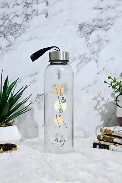 GUPSE Kişiye Özel İsimli Eller Tablosu Tasarımlı Cam Su Şişesi & Matara Siyah Kılıf Hediyeli