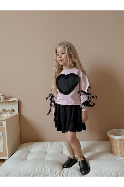 YİGİT BUTİK Girl's Suit with Heart Embroidered Skirt
