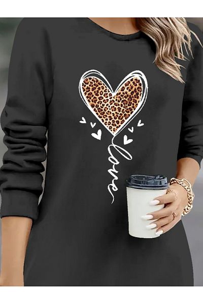 leyla sanat sanata yeni bir bakış açısı Leyla Art a New Perspective on Art Women's Long Sleeve Crew Neck Heart Print Short Viscose Elbi