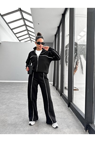 02Lady Fashion Set de trening oversize cu fermoar, cu 3 fire, cu picior lat