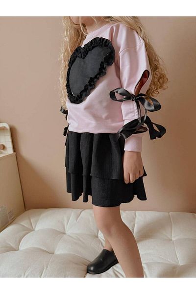 YİGİT BUTİK Girl's Suit with Heart Embroidered Skirt