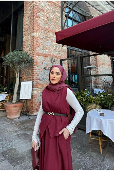 Miraydın Butik Burgundy Women's Belted Vest and Skirt Set - Hijab