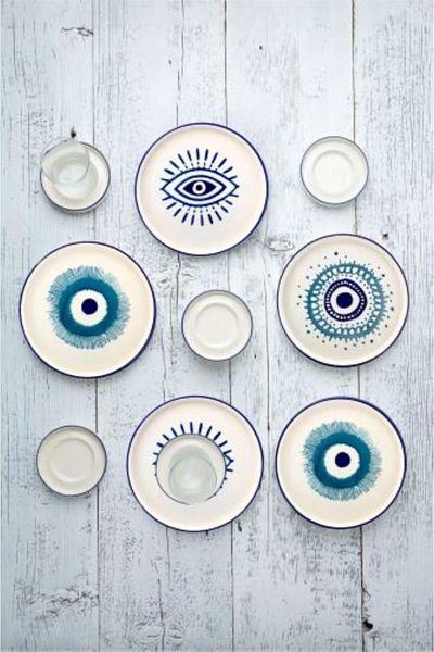 STOREMAX Sellbuystore Ceramic Hand Made 18 Piece Breakfast and Tea Set for 6 People with Evil Eye Beads 1053513