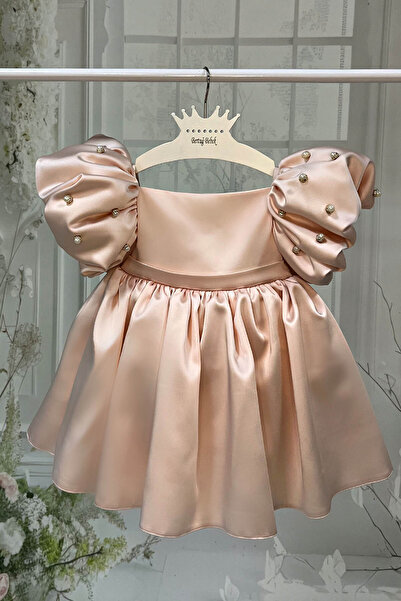 Bertuğ Bebek İncili Kız Çocuk Bebek Abiye Somon Kabarık Saten Elbise