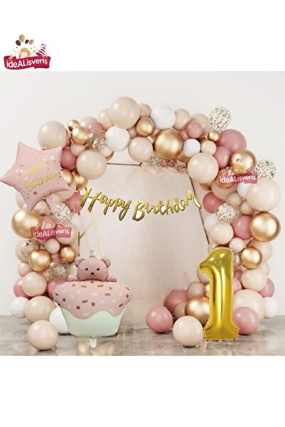 Bkmc PEMBE RETRO KEK AYICIK KAFALI PEMBE RETRO YILDIZ GOLD 1 YAŞ FOLYOLU BALO...
