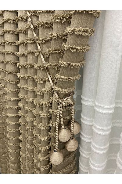 AlbiÜrün Bohem Style Striped Tasseled Glossy Linen Textured Fon Curtain