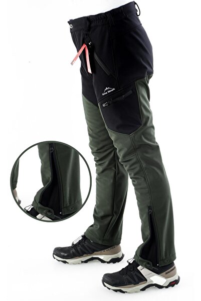 SNOWMOUNT Softshell Outdoor Polarlı Kışlık Siyah Haki Renk Paça Fermuarlı Pantolon