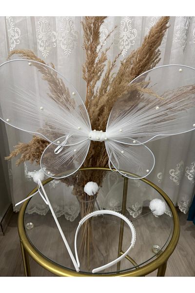 entrend White Pompom and Pearl Butterfly Wing Crown Wand Set Set of 3