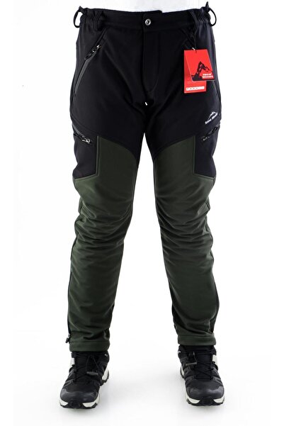 SNOWMOUNT Softshell Outdoor Polarlı Kışlık Siyah Haki Renk Paça Fermuarlı Pantolon