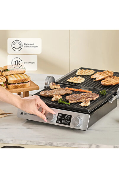 Karaca Döküm Plakalı Dijital Zaman ve Sıcaklık Ayarlı Steel Pro Sear İNOX Gövdeli Izgara ve Tost Makinesi
