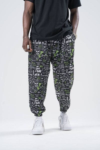 Superbluemexico Men's Pleated Patterned Black Jogger Pants