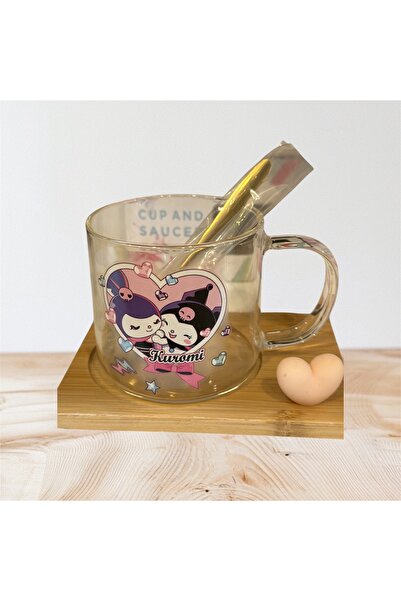 Happystore Sanrio Kuromi Tasarımlı Kulplu Cam Bardak ahşap altlık paslanmaz kaşık ile 3 lü harika bardak seti