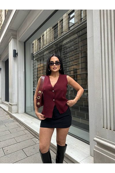LB Laluna Butik Vestă de damă burgundă cu nasturi