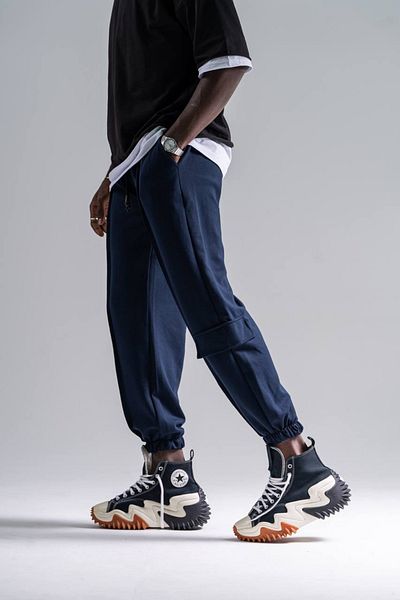 Superbluemexico Men's Stitched Elastic Navy Jogger Trousers