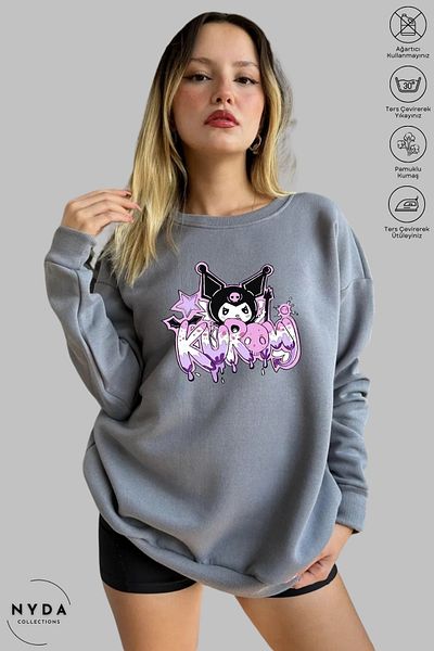 Nyda Collections Women's Long Sleeve Anime Kuromi Printed Crew Neck Hoodless Raster Oversize Sweatshirt