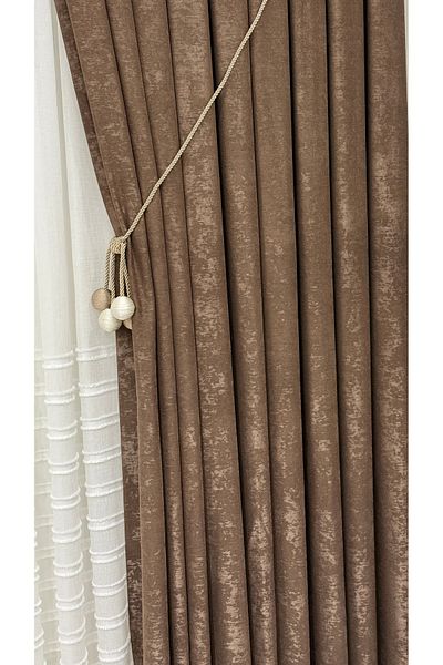 Fon Dünyası Velvet Textured Luxury Background Curtain Coffee Close Pleat (Single Wing)